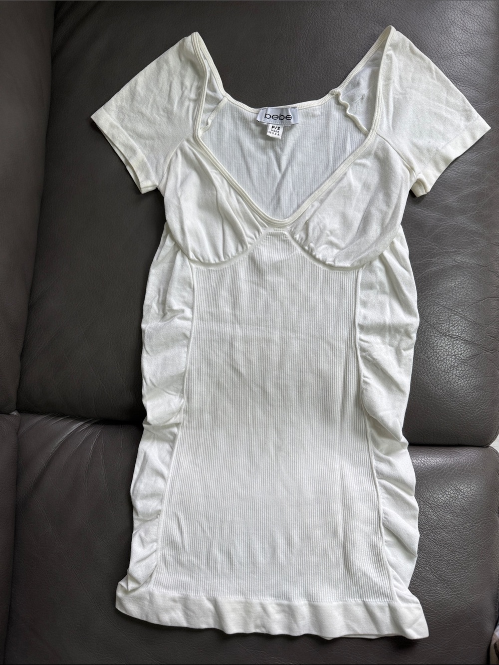 bebe Off-White Short Sleeve Ruched Ribbed Knit Top